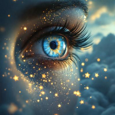 The primary subject of the image is a close-up of a person's eye, with a blue iris and a yellow pupil. The eye is surrounded by a bright, star-filled sky, creating a sense of depth and dimension. The setting is a cloudy sky, which adds to the overall atmosphere of the image. The visual style is a combination of photo and digital art, creating a unique and captivating image. The colors and mood of the image are predominantly blue and yellow, with the star-filled